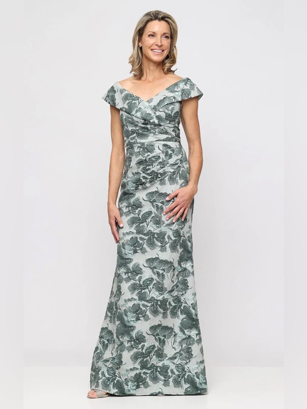 NWT Alex Evenings Sage Green Floral Jacquard Off-the-Shoulder Gown Size 10P $289